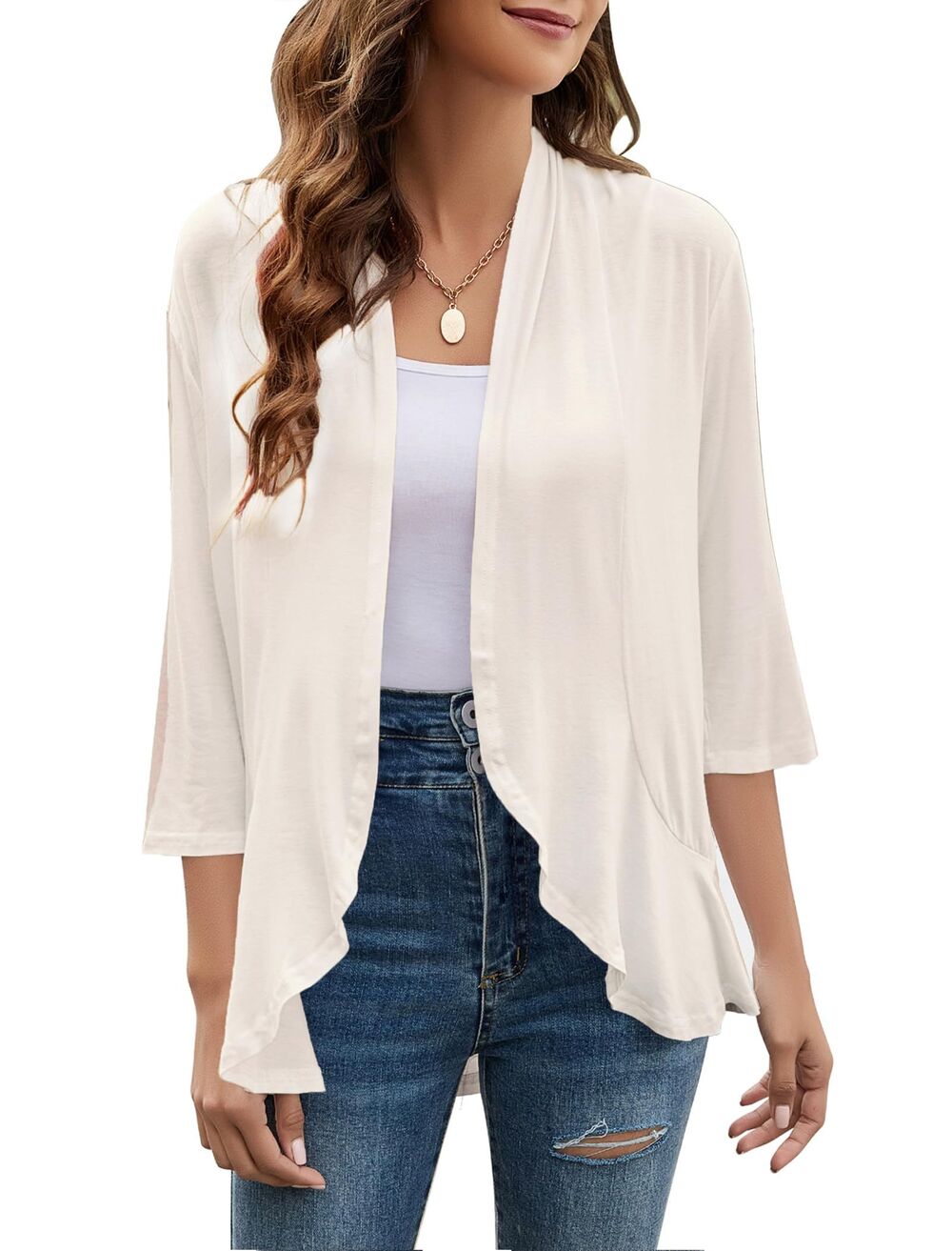 Shrug 3/4 Sleeve Lightweight Open Front Cream Cardigan, Medium, 22F-196T012